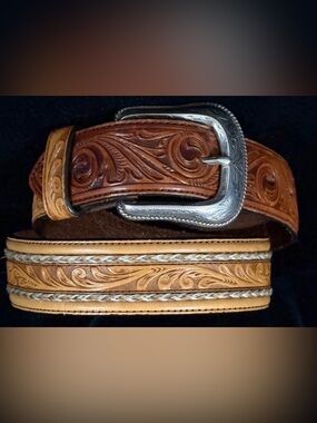Justin Belt Tooled Oak Leaf Scroll Braided Inlay w/ Silver Toned Buckle Sz 30